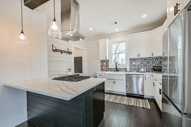 1715 30th St, Galveston, TX 77550 - kitchen featuring stainless steel appliances, range hood, a sink, dark wood-style flooring, and recessed lighting