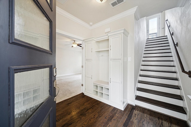 6013 Kansas St Unit B, Houston, TX 77007 - staircase featuring crown molding, wood finished floors, baseboards, and ceiling fan