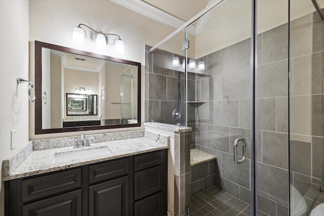 6013 Kansas St Unit B, Houston, TX 77007 - full bathroom featuring ornamental molding, vanity, and a shower stall