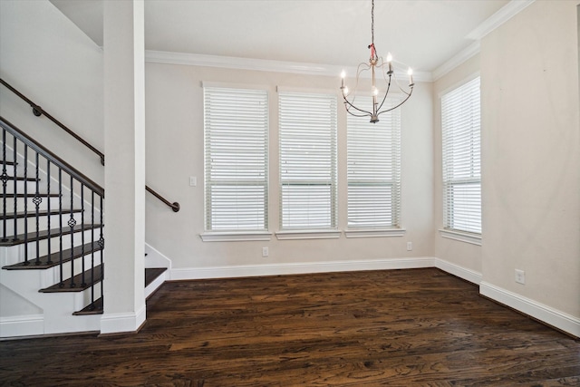 6013 Kansas St Unit B, Houston, TX 77007 - unfurnished dining area with a chandelier, ornamental molding, dark wood-type flooring, stairway, and plenty of natural light