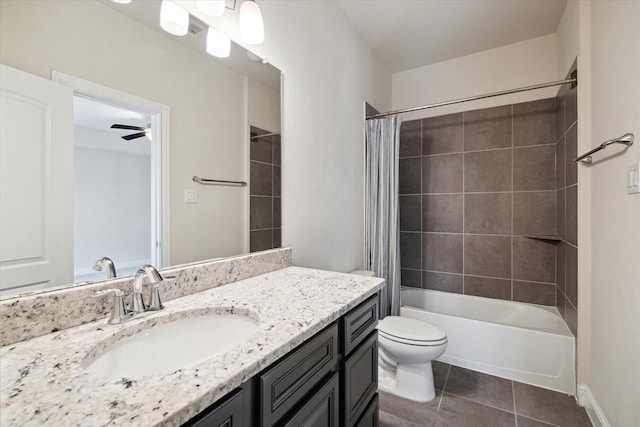 6013 Kansas St Unit B, Houston, TX 77007 - full bath with vanity, tile patterned floors, toilet, shower / bathtub combination with curtain, and a ceiling fan