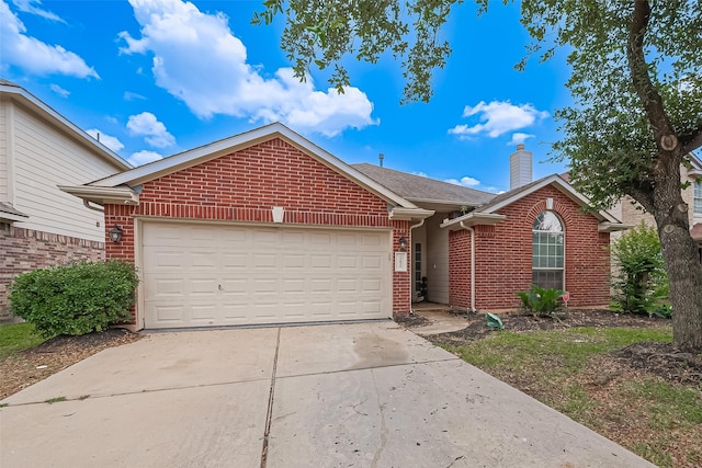 19826 Imperial Stone Dr, Houston, TX 77073 - ranch-style home with brick siding, driveway, a chimney, an attached garage, and roof with shingles