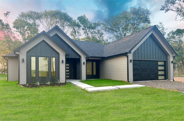 1031 Denson Allen Rd, Coldspring, TX 77331 - modern farmhouse with board and batten siding, a lawn, an attached garage, and gravel driveway