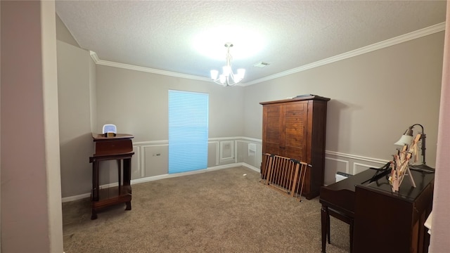 38107 W Sulphur Creek Dr, Magnolia, TX 77355 - carpeted bedroom featuring a chandelier, crown molding, a wainscoted wall, and a textured ceiling