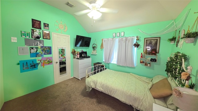 38107 W Sulphur Creek Dr, Magnolia, TX 77355 - bedroom with lofted ceiling, carpet floors, and a ceiling fan