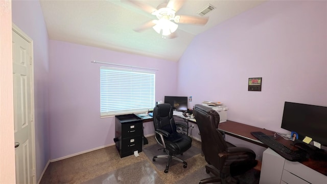 38107 W Sulphur Creek Dr, Magnolia, TX 77355 - office area featuring lofted ceiling, a ceiling fan, carpet, and baseboards