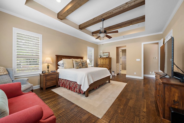 5003 Woodside Ln, Fulshear, TX 77441 - bedroom with multiple windows, wood finished floors, beam ceiling, a tray ceiling, and a ceiling fan