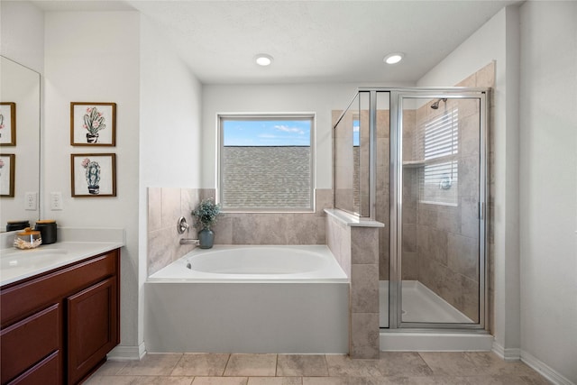 1435 Wheatley Hill Ln, Katy, TX 77494 - full bath with vanity, a bath, a stall shower, and tile patterned floors