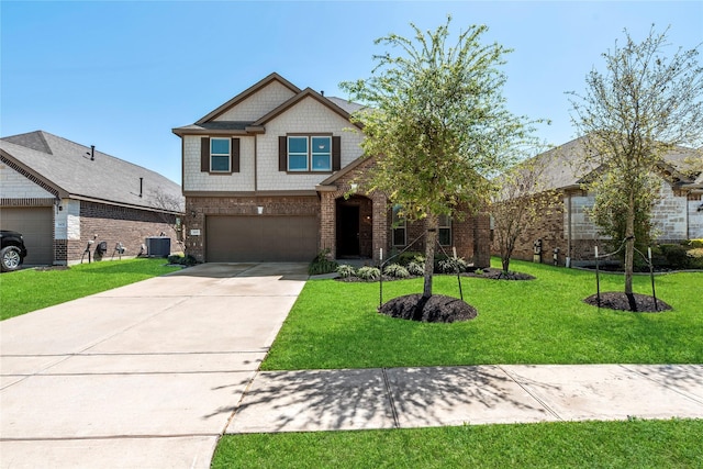 1435 Wheatley Hill Ln, Katy, TX 77494 - craftsman-style house with central AC unit, a garage, driveway, a front yard, and brick siding