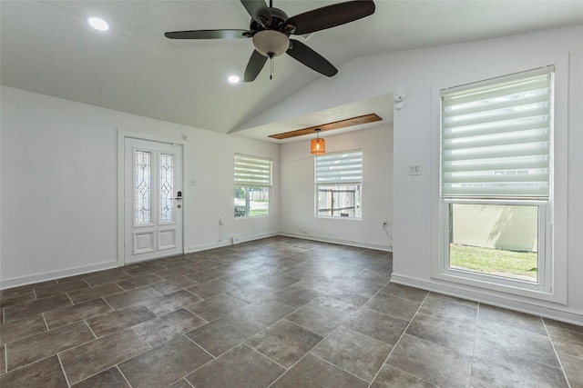 719 Shaver St, Pasadena, TX 77506 - spare room featuring a ceiling fan, vaulted ceiling, and recessed lighting