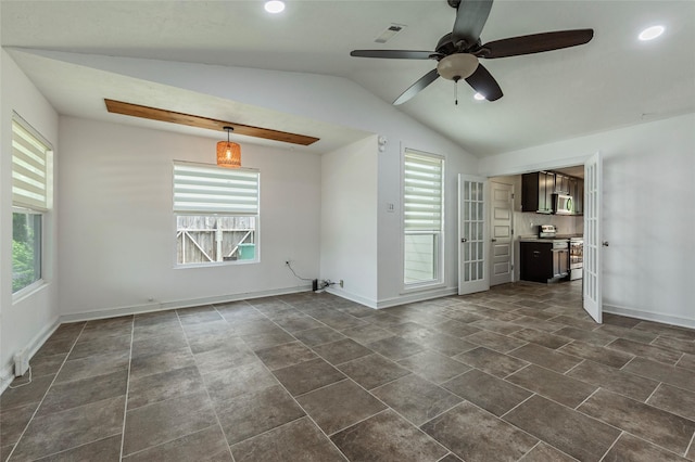 719 Shaver St, Pasadena, TX 77506 - unfurnished living room featuring vaulted ceiling, ceiling fan, and recessed lighting