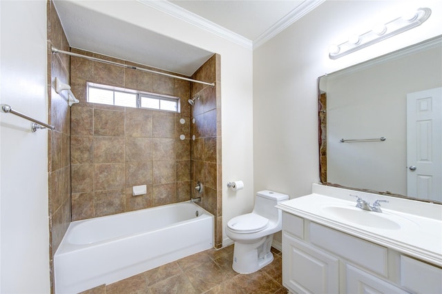 14410 Basalt Ln, Houston, TX 77077 - bathroom with shower / bathtub combination, vanity, ornamental molding, and tile patterned floors