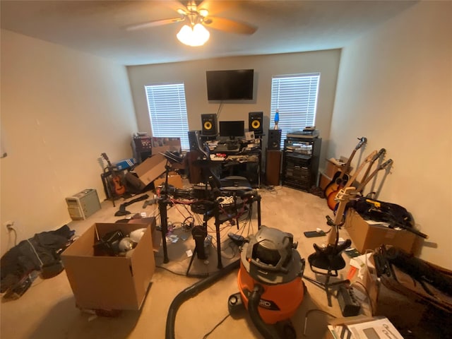 10206 Ravenwood View Ln, Houston, TX 77075 - interior space featuring light colored carpet, a ceiling fan, and a desk
