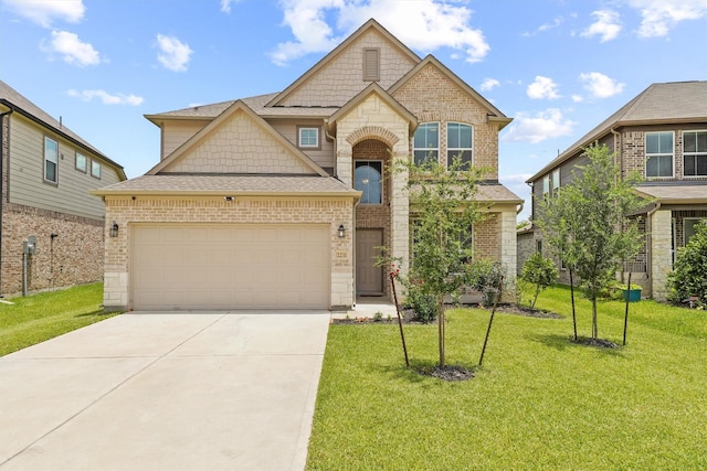 2231 Bright Sunrise Trl, Fresno, TX 77545 - french country inspired facade with driveway, an attached garage, a front yard, brick siding, and roof with shingles