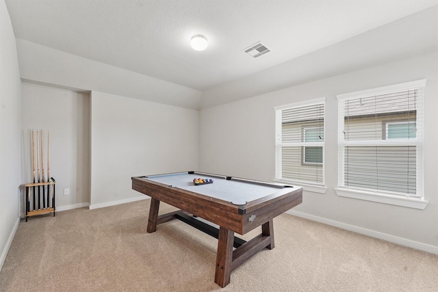 2231 Bright Sunrise Trl, Fresno, TX 77545 - playroom with light carpet, baseboards, billiards, and vaulted ceiling