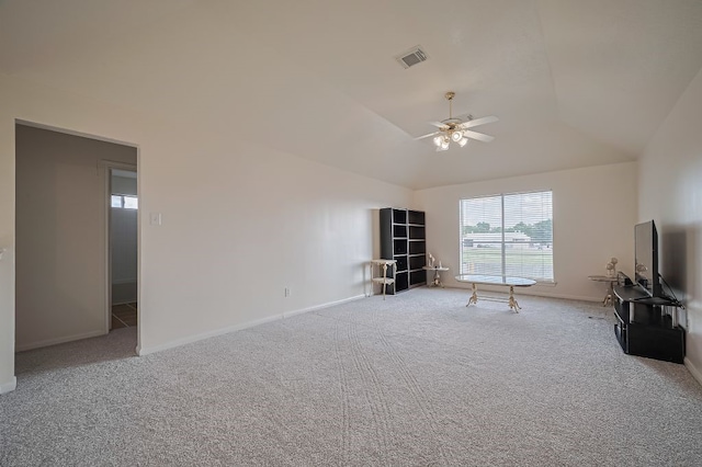 14723 Belterraza Dr, Houston, TX 77083 - unfurnished living room with ceiling fan, carpet, lofted ceiling, and baseboards