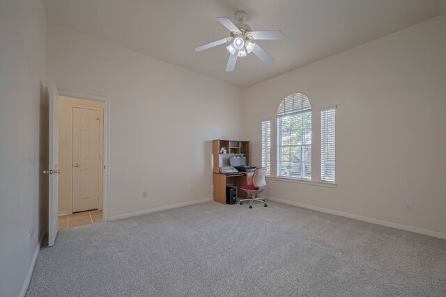 14723 Belterraza Dr, Houston, TX 77083 - unfurnished room with carpet floors, baseboards, an office area, and a ceiling fan