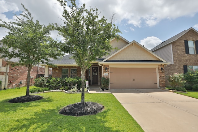 18226 Sofia Willow Way, Cypress, TX 77429 - craftsman house featuring an attached garage, concrete driveway, a front yard, and brick siding