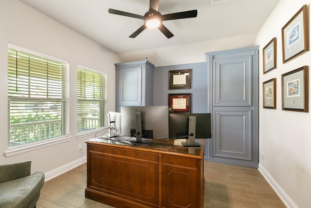 18226 Sofia Willow Way, Cypress, TX 77429 - home office featuring ceiling fan, light wood-type flooring, and lofted ceiling