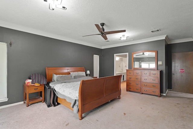 7527 Cart Gate Dr, Houston, TX 77095 - bedroom featuring carpet, ornamental molding, a textured ceiling, a ceiling fan, and ensuite bathroom