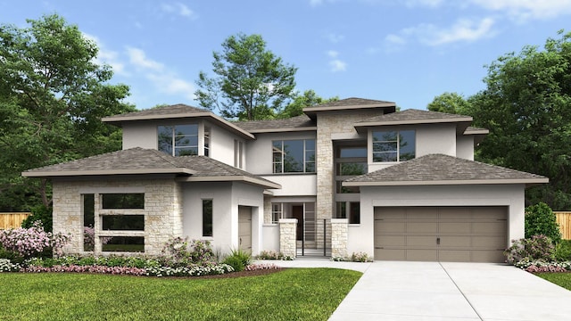 9002 Orchard Cv, Missouri City, TX 77459 - prairie-style home featuring stone siding, stucco siding, a garage, and concrete driveway