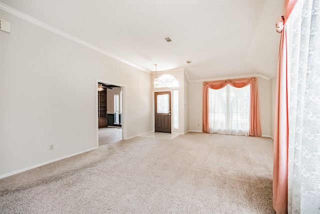 2001 Navajo Dr, Deer Park, TX 77536 - entryway with ornamental molding, light carpet, and a ceiling fan