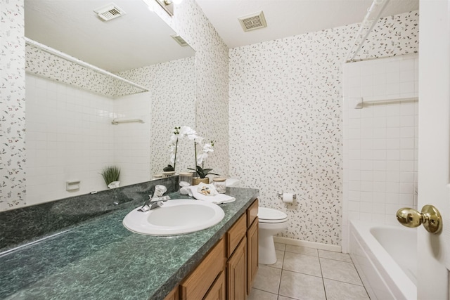2001 Navajo Dr, Deer Park, TX 77536 - full bathroom with tile patterned floors, vanity, shower / tub combination, and wallpapered walls