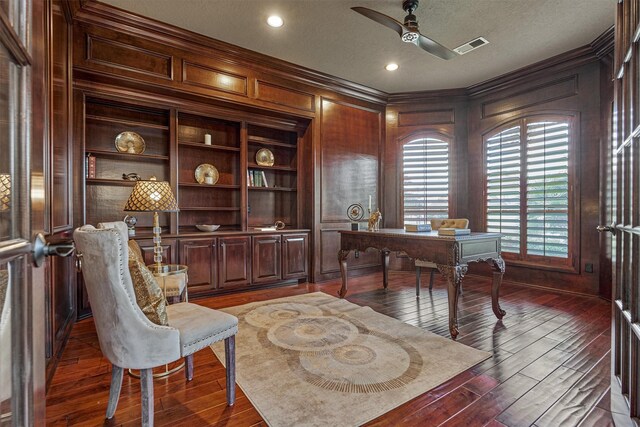 9814 Cape Breeze Dr, Houston, TX 77070 - office with ceiling fan, ornamental molding, wood finished floors, wooden walls, and recessed lighting