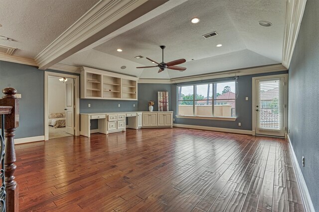 9814 Cape Breeze Dr, Houston, TX 77070 - unfurnished living room with a textured ceiling, ornamental molding, dark wood-type flooring, plenty of natural light, and a ceiling fan