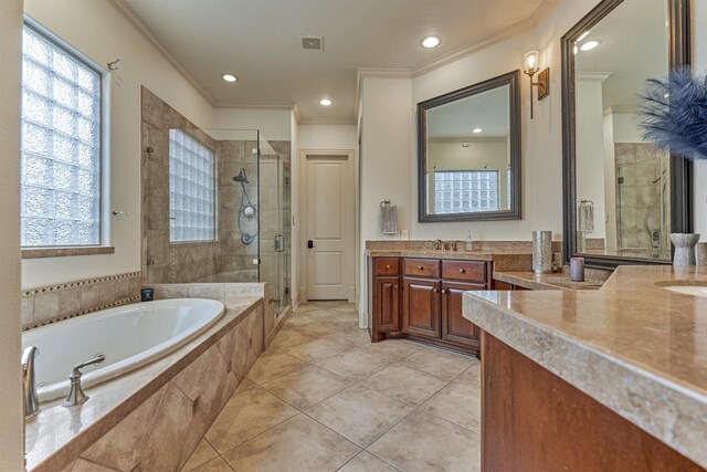 9814 Cape Breeze Dr, Houston, TX 77070 - full bathroom with ornamental molding, vanity, a stall shower, a bath, and tile patterned flooring