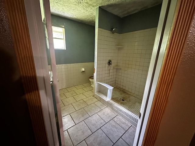 1225 County Road 878b, Sweeny, TX 77480 - full bath featuring tile walls, a shower stall, toilet, a wainscoted wall, and tile patterned floors