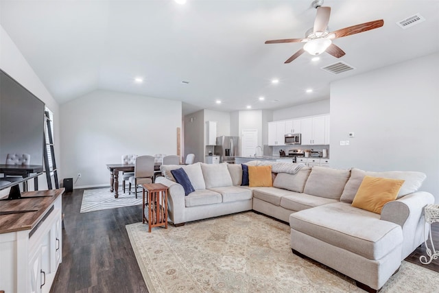 19242 Red Cascade Ct, Tomball, TX 77377 - living room featuring a ceiling fan, dark wood finished floors, recessed lighting, baseboards, and lofted ceiling