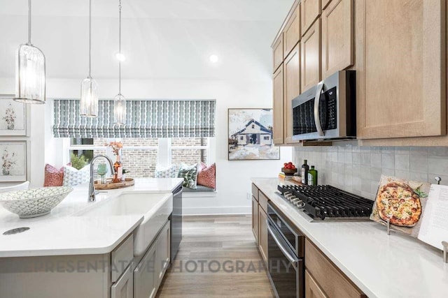 27019 Golden Isle Ln, Katy, TX 77493 - kitchen with appliances with stainless steel finishes, decorative backsplash, light wood-type flooring, light countertops, and recessed lighting