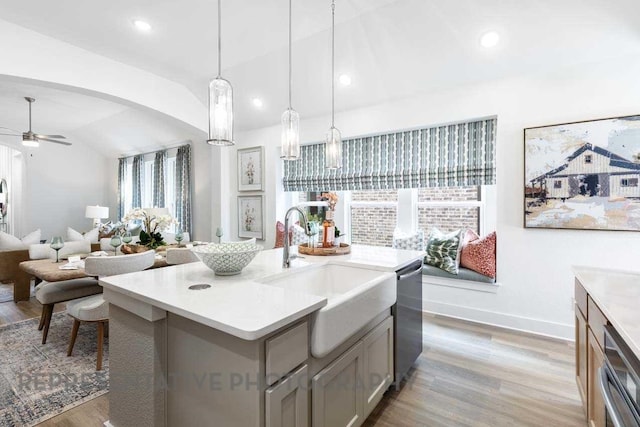 27019 Golden Isle Ln, Katy, TX 77493 - kitchen with lofted ceiling, a sink, stainless steel dishwasher, light countertops, and open floor plan