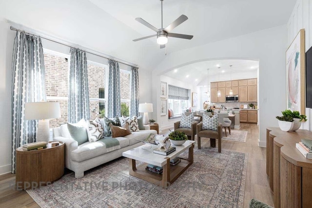 27019 Golden Isle Ln, Katy, TX 77493 - living area with arched walkways, light wood-style flooring, vaulted ceiling, and a ceiling fan
