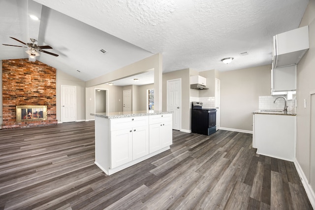 1919 Tallulah Ln, Houston, TX 77077 - kitchen featuring electric range, a ceiling fan, a sink, dark wood-type flooring, and open floor plan