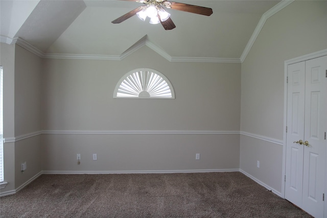 22922 Still Pond Dr, Tomball, TX 77375 - carpeted empty room featuring vaulted ceiling, a ceiling fan, and ornamental molding