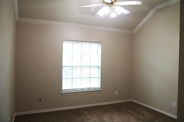 22922 Still Pond Dr, Tomball, TX 77375 - unfurnished room featuring ornamental molding, dark carpet, a ceiling fan, and vaulted ceiling
