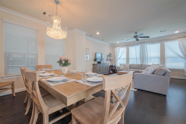 10712 Addicks Oaks Pl, Houston, TX 77043 - dining space with crown molding, a chandelier, dark wood-type flooring, healthy amount of natural light, and a ceiling fan