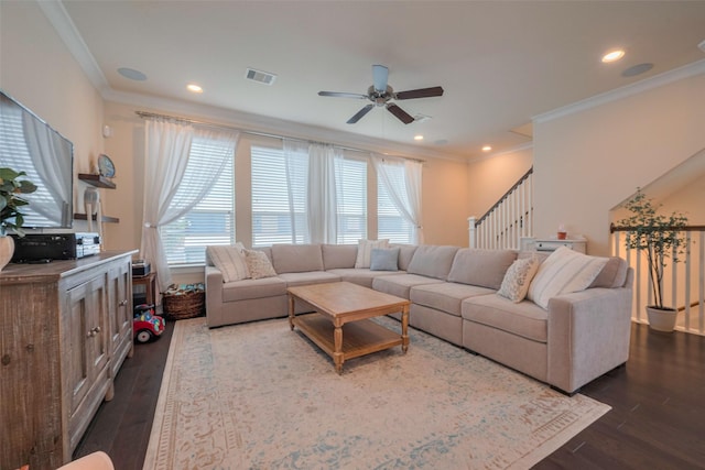 10712 Addicks Oaks Pl, Houston, TX 77043 - living area with ornamental molding, a ceiling fan, dark wood-style flooring, stairway, and recessed lighting