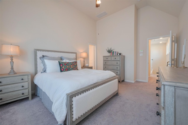 10712 Addicks Oaks Pl, Houston, TX 77043 - bedroom with light colored carpet, high vaulted ceiling, baseboards, and a ceiling fan