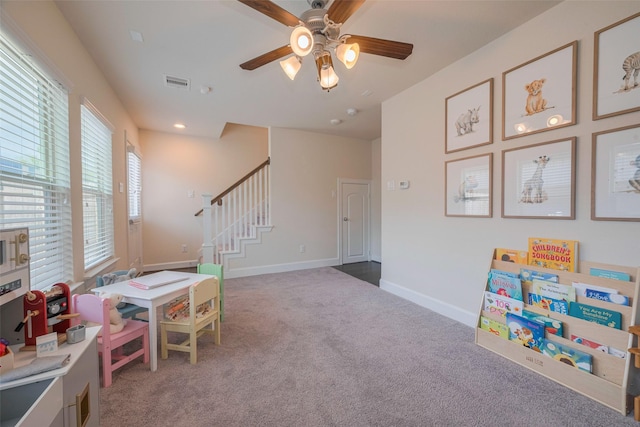 10712 Addicks Oaks Pl, Houston, TX 77043 - rec room featuring carpet, ceiling fan, baseboards, and recessed lighting