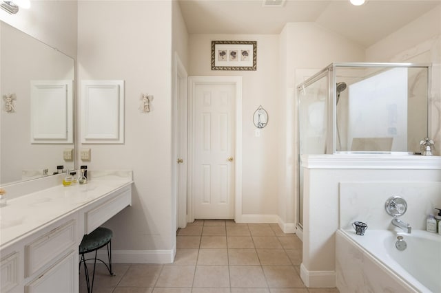 1511 Ashley Ct, Tomball, TX 77375 - full bathroom with a garden tub, vanity, a stall shower, and tile patterned floors