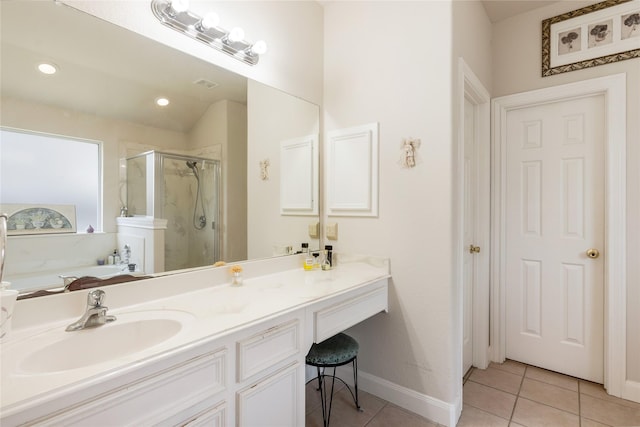 1511 Ashley Ct, Tomball, TX 77375 - bathroom with tile patterned floors, a stall shower, vanity, recessed lighting, and a tub