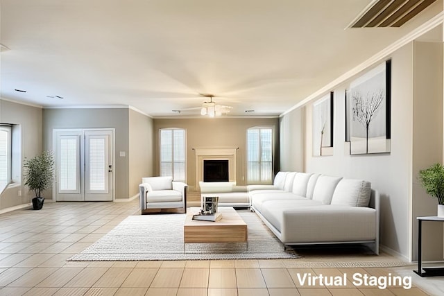 15238 Ledgewood Park Dr, Cypress, TX 77429 - living room with crown molding, baseboards, healthy amount of natural light, and tile patterned floors
