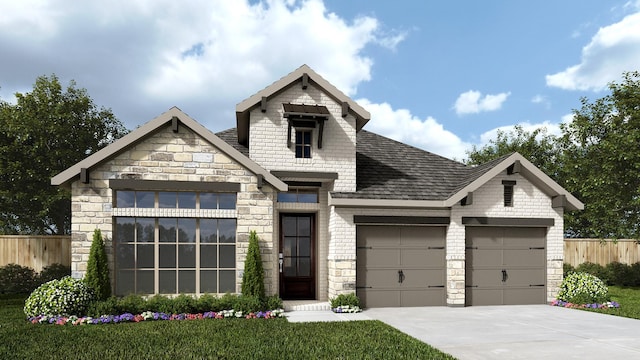 17732 Monarch Vista Ln, Conroe, TX 77302 - view of front facade featuring an attached garage, stone siding, driveway, and roof with shingles
