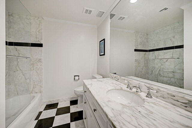 2200 Willowick Rd Unit 4E, Houston, TX 77027 - bathroom with vanity, ornamental molding, toilet, tub / shower combination, and recessed lighting