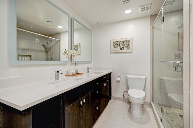 2200 Willowick Rd Unit 4E, Houston, TX 77027 - full bath featuring toilet, double vanity, a stall shower, tile patterned floors, and recessed lighting