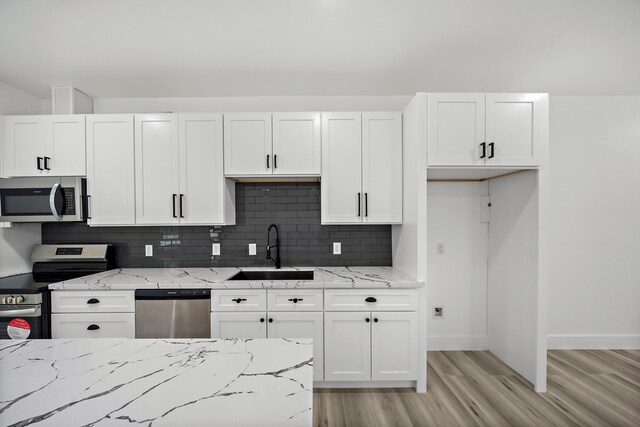 8209 Richland St A/B, Unit A/B Houston, TX 77028 - kitchen with appliances with stainless steel finishes, a sink, white cabinets, light wood-style floors, and decorative backsplash
