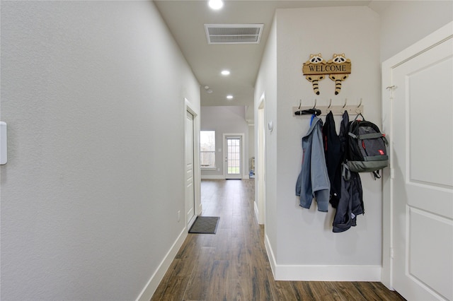 14514 Sanour Dr, Houston, TX 77084 - hall with recessed lighting, dark wood-style floors, and baseboards